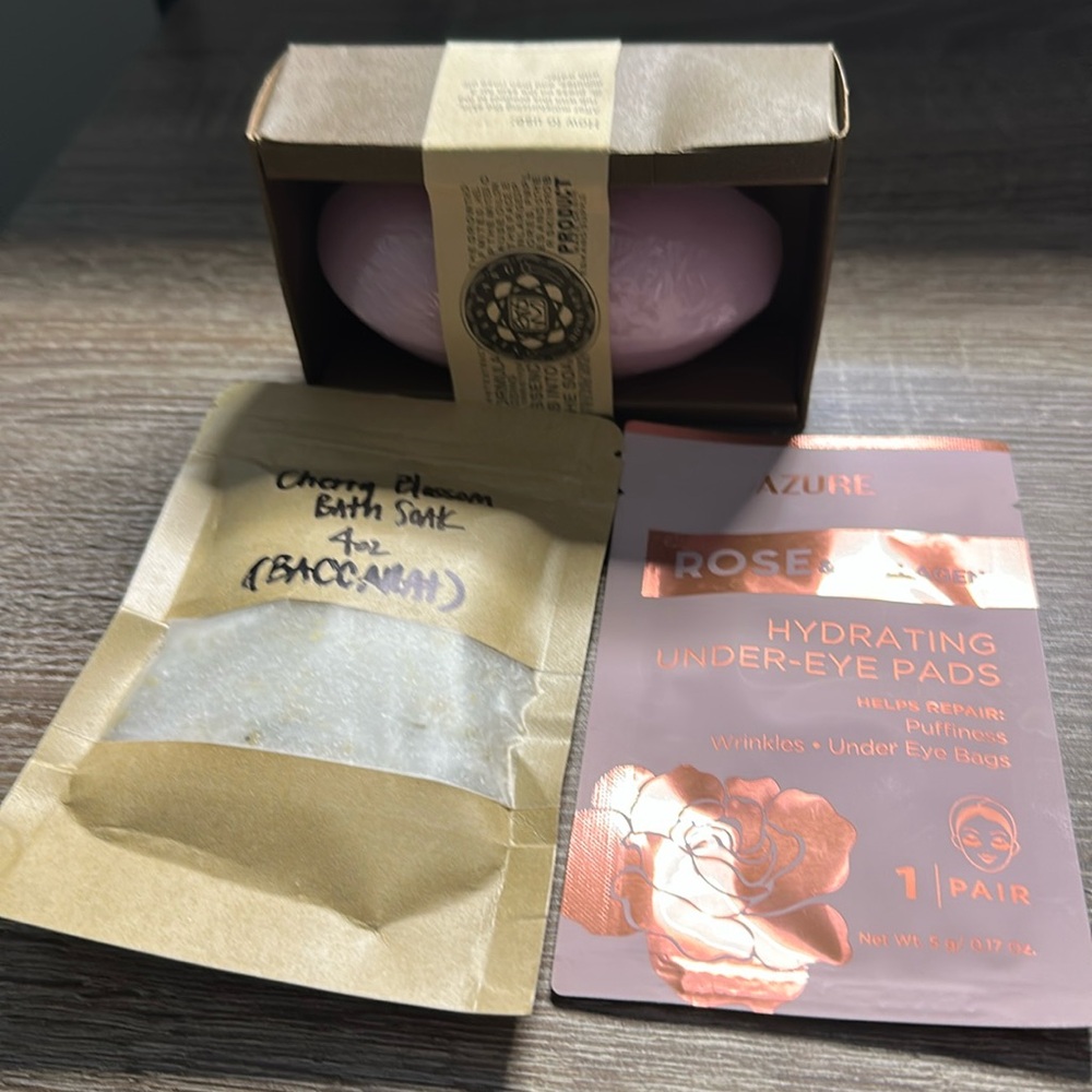 Bath Soak cherry blossoms and Rose & collagen under eye pads and home spa soap